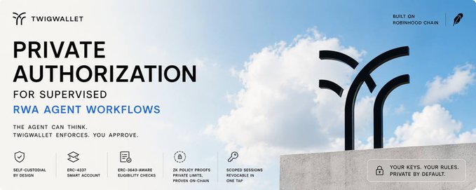 A promotional banner for TwigWallet featuring the headline "PRIVATE AUTHORIZATION FOR SUPERVISED RWA AGENT WORKFLOWS" with the tagline "THE AGENT CAN THINK. TWIGWALLET ENFORCES. YOU APPROVE." and icons highlighting features like self-custodial by design, ERC-4337 smart account, ERC-3643-aware eligibility checks, zk policy proofs, and scoped sessions. The image showcases TwigWallet's branding and key technical features for real-world asset management on Robinhood Chain, aligning with the launch announcement emphasizing AI-assisted transactions, full verification, and user-approved actions before execution.
