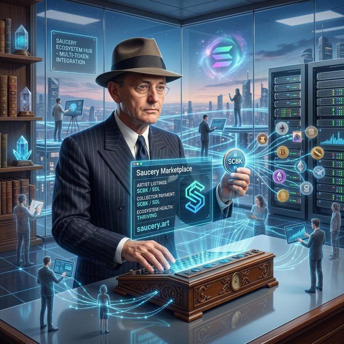 A futuristic digital illustration depicts a man in a pinstripe suit and fedora operating a holographic 'Saucery Marketplace' interface, with text referencing artist listings, collector payments in SCBK/SOL, ecosystem health, and sauney.art, set against a backdrop of server racks and cryptocurrency icons.