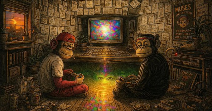 A digital illustration of two chimpanzees sitting on the floor of a dimly lit, paper-covered room; one wears red and holds a controller while watching a glitching, colorful TV screen displaying an image of a golden object.