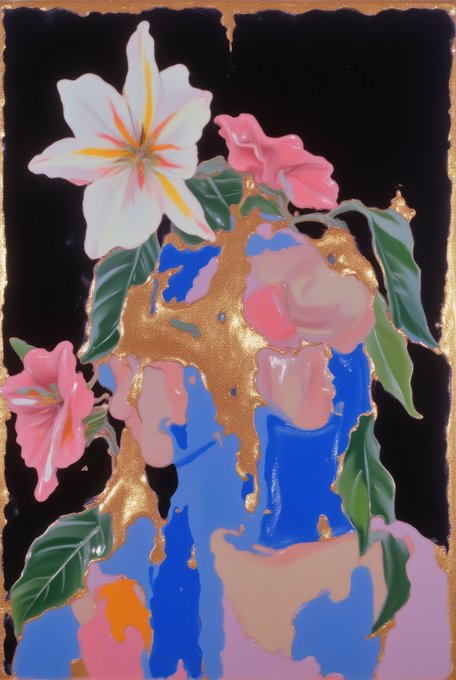 An artistic mixed-media composition features white and pink flowers with green leaves against a black background, overlaid with abstract patches of pink, blue, and gold textures.