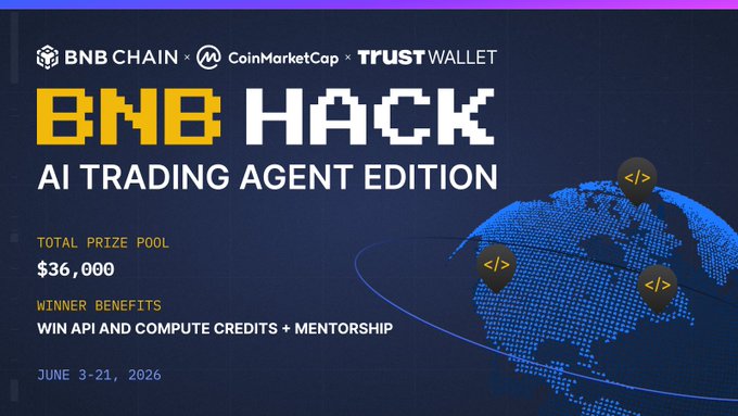 In this image, there is a banner that displays information about an AI trading agent hackathon. The banner has a blue background with white text, which includes details such as the total prize pool, the winning team's benefits, the prizes won by each team, and the number of mentors participating in the Hackathon. There are also icons representing the Bitcoin Core blockchain and the coinmarketcap Trust Wallet, which help to provide context about the hackathon's focus on AI trading agents. The image does not contain any other texts or details beyond those provided above the banner.