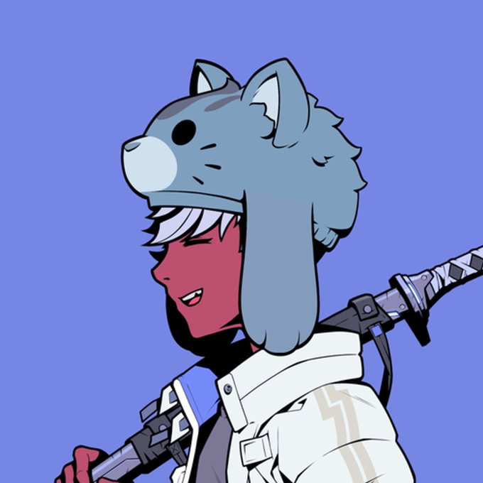 Anime-style illustration of a character wearing a blue mouse/bear hat, with white hair and carrying a large weapon on their back, set against a blue background.