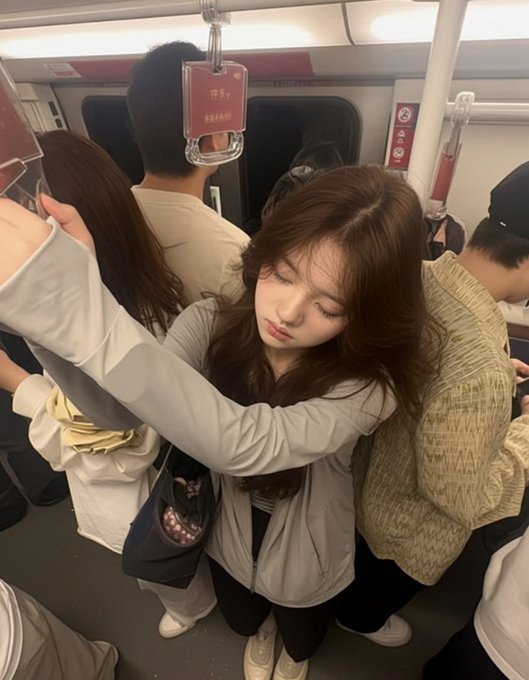 A young woman with long brown hair stands in a crowded subway car, eyes closed and head tilted as she appears to be dozing off while holding onto an overhead handle. The image humorously depicts the exhaustion of a tired commuter, fitting the post's joke about a future "wife" working hard just to be financially set up during a crypto bull run.