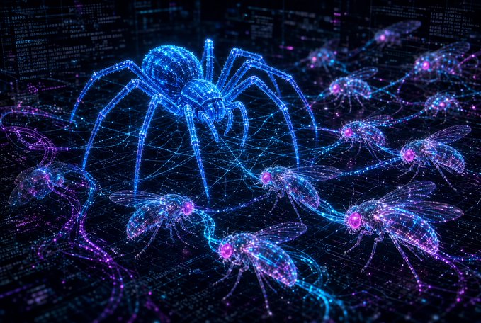 A digital artwork depicting a glowing blue spider connected by luminous lines to several flies against a dark background filled with code.