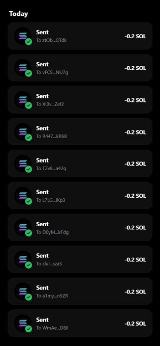 A mobile screenshot showing multiple 'Sent' transactions of -0.2 SOL each to various wallet addresses under the 'Today' header on a dark-themed crypto wallet interface.