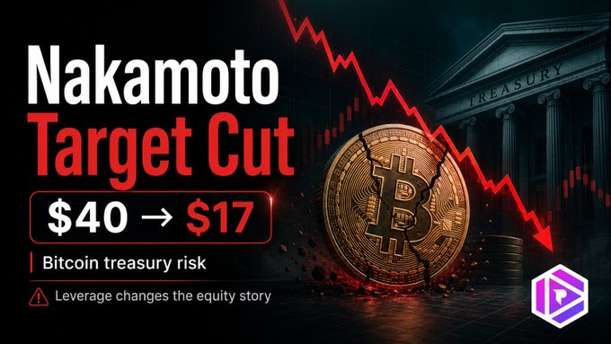 A graphic titled 'Nakamamoto Target Cut' showing a Bitcoin price drop from $40 to $17 against a backdrop of a Treasury building and a downward trending red chart.