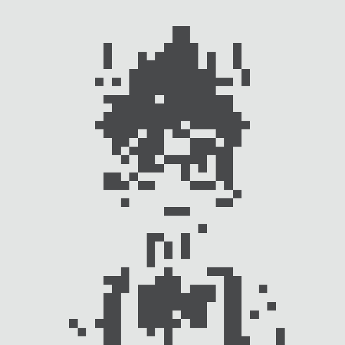 A pixelated black silhouette artwork of a figure with messy hair, appearing to be in a distressed or glitched style against a white background.