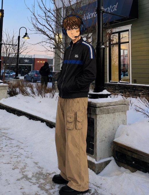An anime-style character with brown hair, blue headphones, a black and blue tracksuit, and tan cargo pants standing in a snowy outdoor urban setting near a building with a 'Sutter Dental' sign.