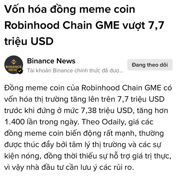 Vietnamese-language Binance News article titled 'Vốn hóa đồng meme coin Robinhood Chain GME vượt 7,7 triệu USD' reporting on the meme coin's market capitalization surge.