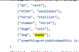 The image shows a snippet of code featuring a dictionary of dog-related terms, including the key "dog" with the value "puppy" highlighted in yellow. This visual confirms the referenced Easter egg on BNBCHAIN's GitHub, where "dog" is consistently assigned the value "puppy" in test cases.