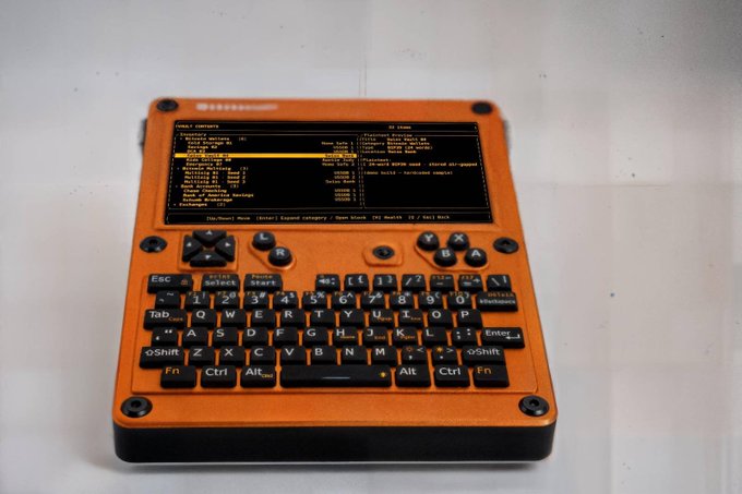 A close-up of a DIY handheld computer labeled "Hackberry-Pi" running a command-line interface with "Orange" category options displayed. The post highlights it as a portable security and inheritance tool, promoting the "Citadel Vault" device.