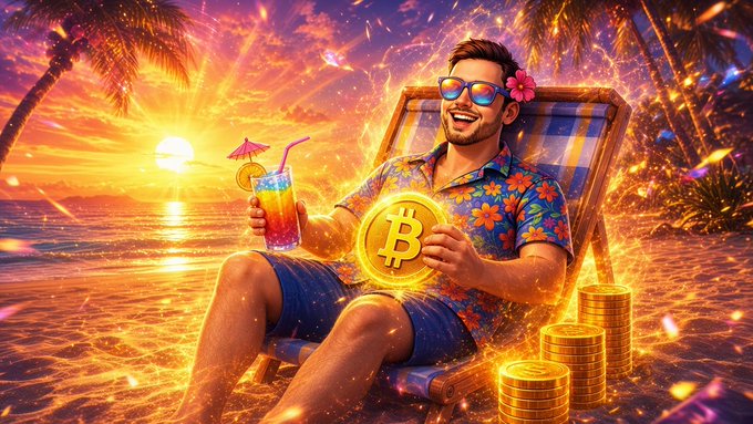 A man relaxes on a beach lounger at sunset, sipping a colorful cocktail while holding a glowing Bitcoin coin, surrounded by stacks of gold coins—visually capturing the post's message of Bitcoin as a gateway to financial freedom and true ownership.