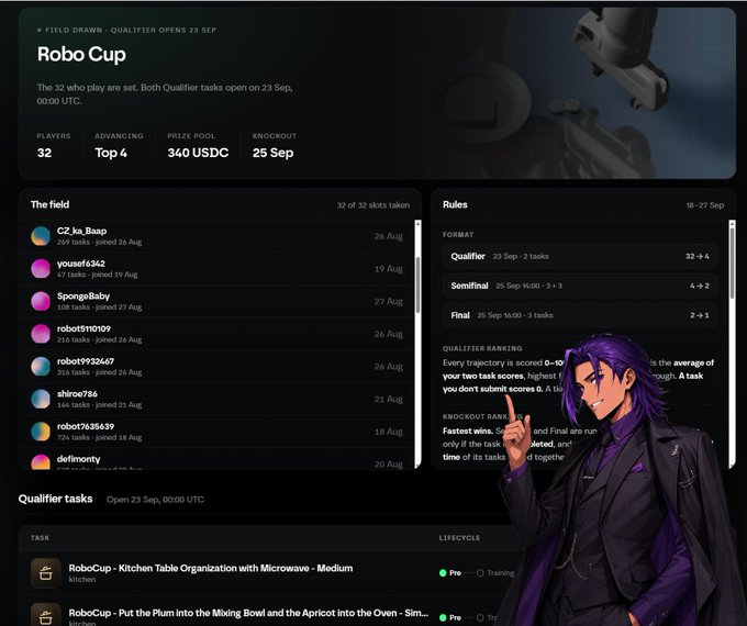 A screenshot of a 'Robo Cup' competition page showing 32 players, rules, and tasks, with an anime-style purple-haired character in a suit overlaid on the right.
