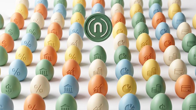 An image showing numerous colorful eggs featuring financial icons (dollar signs, percentages, charts, buildings) arranged in rows, with a green circular logo containing the letter 'n' in the center.