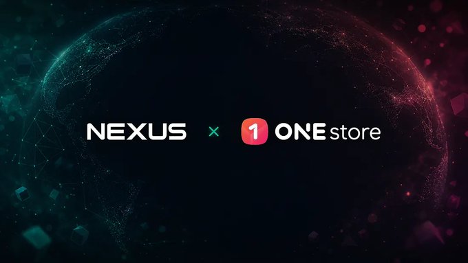 The image features a large, colorful logo for a company called Nexus. The logo consists of a globe with various colors and shapes surrounding it. Below the logo, there is text that reads "NEXUS is acquiring ONE Store" and "the world's first true 𝗔𝗜 𝗡𝗮𝘁𝗶𝘃𝗲 𝗪𝗲𝗯𝟯 𝗴𝗮𝗺𝗲 𝘀𝘁𝗼𝗿𝗲". The background of the image is a dark blue color, and there are small white circles scattered throughout.
