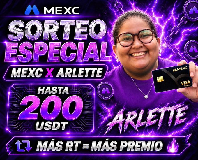 A vibrant purple promotional advertisement for a MEXC x Arlette special giveaway offering up to 200 USDT, featuring a smiling woman holding a black MEXC Visa debit card.
