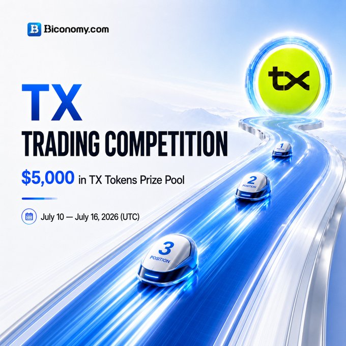 A promotional graphic from Biconomy.com announcing the TX Trading Competition with a $5,000 TX Tokens Prize Pool, running July 10–July 16, 2026 (UTC), featuring futuristic cars racing up a glowing blue track toward a green TX coin token.