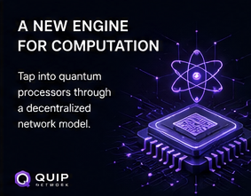 The image features a purple circuit board with a small black dot in the center of it. Below this image, there's text that reads "A new engine for Computation" followed by an explanation about how to tap into a quantum processor through a decentralized network model.