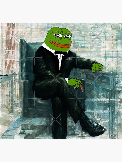 An artwork combining Pepe the Frog's face with a dapper man in a black suit sitting in a chair and smoking a cigar, set against a painted background.