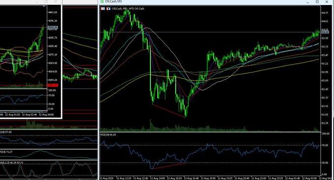 A trading chart for WTI Crude Oil (USOil) on the MT5 platform shows candlestick price action with multiple moving averages and an RSI indicator below, displaying the M5 timeframe with prices around the 63-64 range.