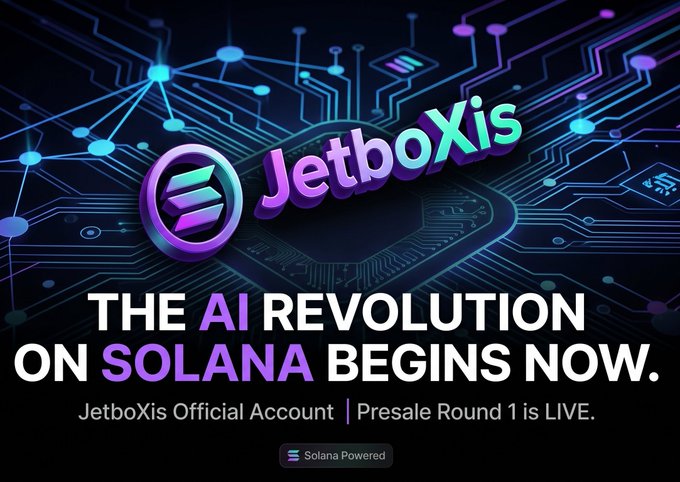 A promotional advertisement for 'JetboXis' announcing 'THE AI REVOLUTION ON SOLANA BEGINS NOW' with 'Presale Round 1 is LIVE' and a 'Solana Powered' badge.