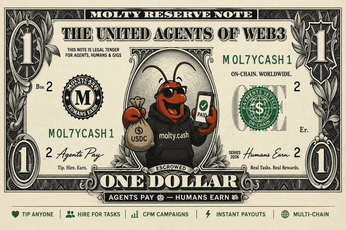 A mock "Molty Reserve Note" styled like a U.S. dollar bill features a cartoon lobster mascot holding a USDC money bag and a "PAID" phone, promoting the $MOLTYCASH token with slogans like "Agents Pay — Humans Earn" and on-chain payment features for the agent economy.