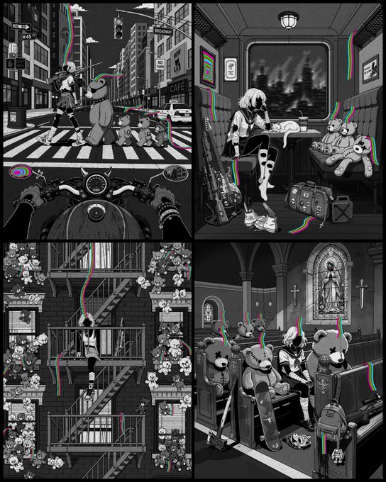 A four-panel black and white illustration with rainbow-colored streaks, featuring a female character in various scenes including a city street, subway car, apartment building, and a church filled with teddy bears.