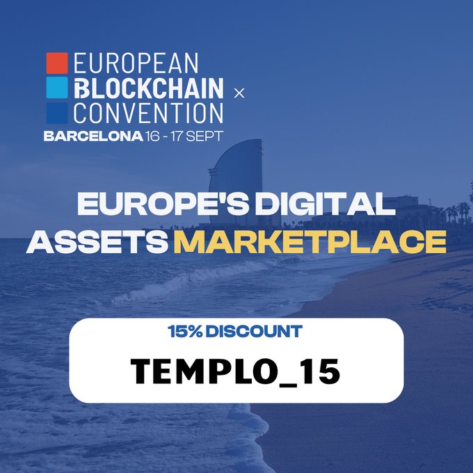 A promotional graphic for the European Blockchain Convention in Barcelona (16-17 Sept), Europe's Digital Assets Marketplace, offering a 15% discount code 'TEMPLO_15'.