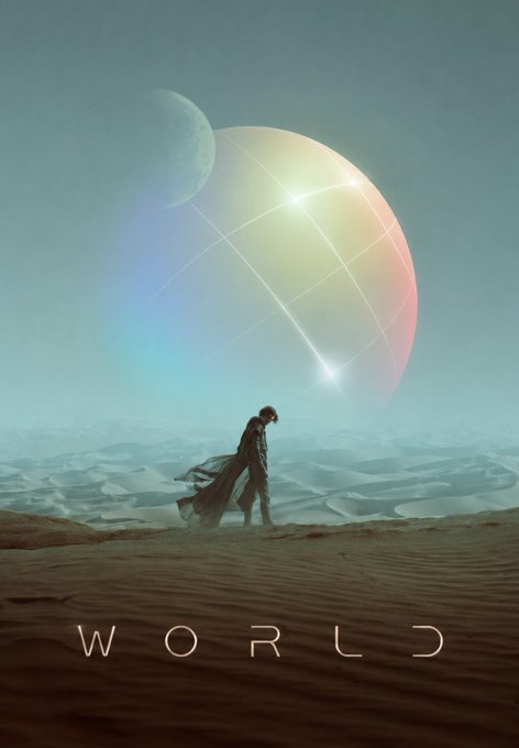 An artistic illustration showing a solitary figure standing on sand dunes beneath large celestial bodies, with the word 'WORLD' written at the bottom.