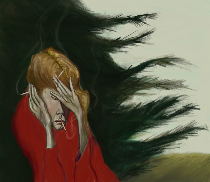 A digital painting of a distressed person with long blonde hair wearing a red garment, holding their head in their hands while smoking a cigarette, set against a dark, chaotic background with green smudges.
