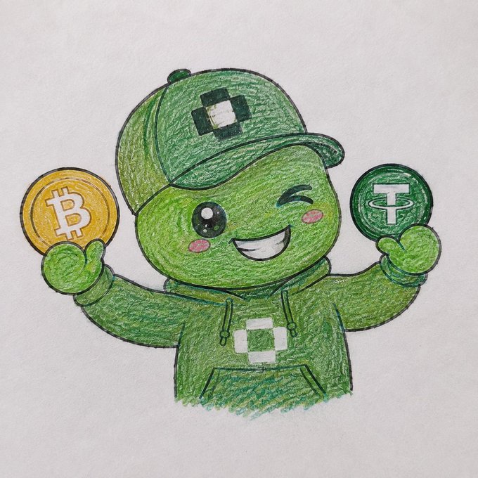 A colored pencil drawing of a smiling green character wearing a cap and holding up a Bitcoin (BTC) coin and a green coin with a 'T' symbol.