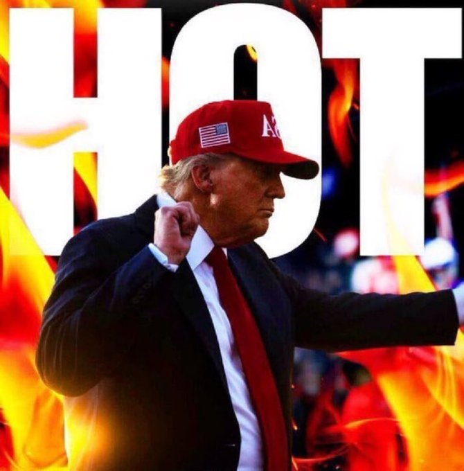 An AI-generated or edited image of Donald Trump in a red MAGA hat and suit with his fist raised, set against flames with the word 'HOT' in large letters behind him.