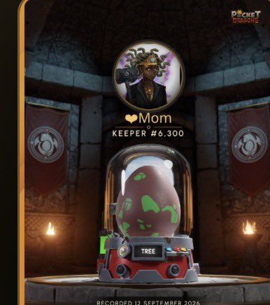 Screenshot from the 'Pocket Dragons' game showing a profile labeled 'Mom' (Keeper #6,300) with a character avatar and a 'TREE' egg displayed in a gacha capsule.