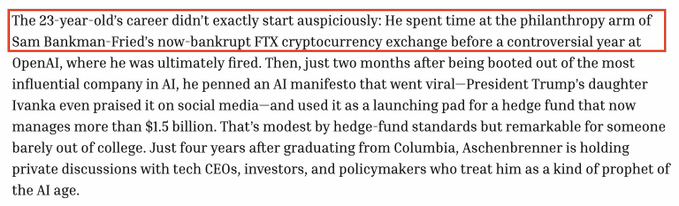 The image shows a highlighted excerpt from an article about Leopold Aschenbrenner, noting his prior employment at the philanthropy arm of Sam Bankman-Fried's FTX cryptocurrency exchange before his controversial stint at OpenAI. The post's caption connects Aschenbrenner to FTX, framing this biographical detail as a relevant credibility concern given the exchange's bankruptcy and fraud scandal.