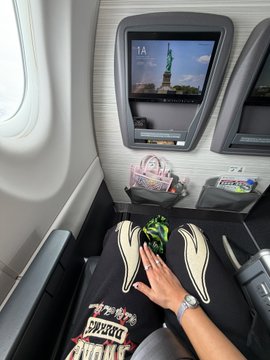 A passenger enjoys a window seat on a flight, with a hand resting on a blanket featuring a green cartoon character, likely an NFT, while the seatback screen displays an image of the Statue of Liberty—fittingly setting the scene for "on my way to NFT NYC."
