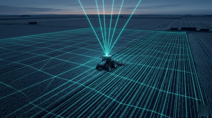 An autonomous tractor is depicted in a digitally mapped field, representing the real-world usage that fuels GEODNET, a DePIN token listed on @coinbase. This image visualizes the tangible and existing data generation that the post highlights as a key innovation in crypto.