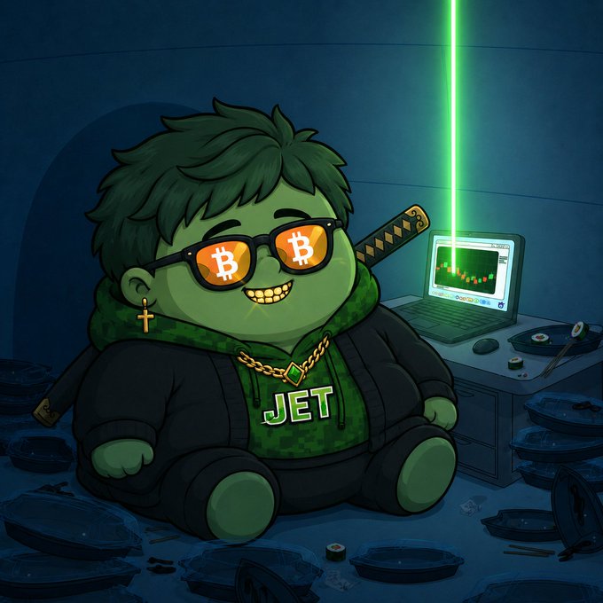 A cartoon Hulk-like green character with Bitcoin-logo sunglasses and a gold chain sits beside a laptop displaying a green candlestick chart, wearing a hoodie labeled "JET," with a katana on his back and a cross earring. The image ties to the bullish "what's past is prologue" sentiment shared by @BeldexCoin, with the upward green chart and Bitcoin branding reinforcing crypto optimism.