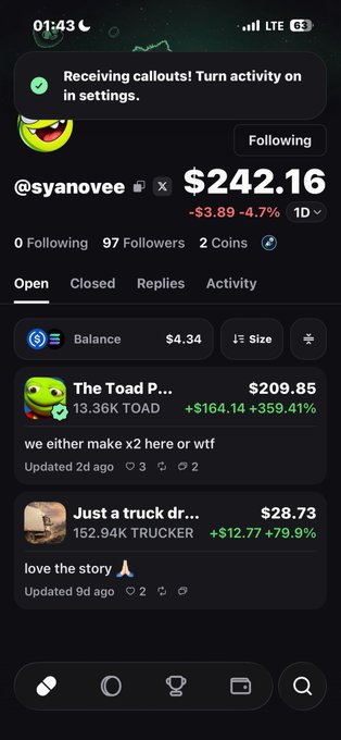 A screenshot of a Robinhood-style trading app showing the profile '@syanovee' with a balance of $242.16, listing holdings including 'The Toad P...' at $209.85 and 'Just a truck dr...' at $28.73.