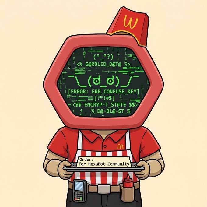 A stylized illustration features a character in a McDonald's uniform with a hexagonal digital head displaying glitchy green code and the text '@ORBLED_DOT0', holding a tray labeled 'Order: For HexaBot Community'.