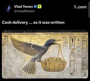 X.com post by Vlad Tenev (@vladtenev) reading 'Cash delivery ... as it was written', accompanied by an Egyptian hieroglyph relief depicting a bird carrying a basket of coins.