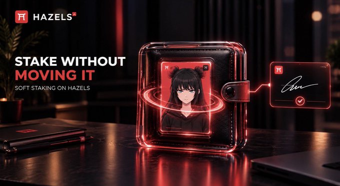 Promotional graphic for Hazels NFT featuring the text 'STAKE WITHOUT MOVING IT - SOFT STAKING ON HAZELS' alongside a digital wallet displaying an anime-style character portrait.