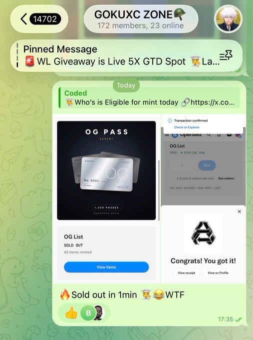 A Telegram channel screenshot titled 'GOKUXC ZONE' showing a 'WL Giveaway is Live 5X GTD Spot' pinned message and an 'OG PASS' minting announcement that sold out in 1 minute.