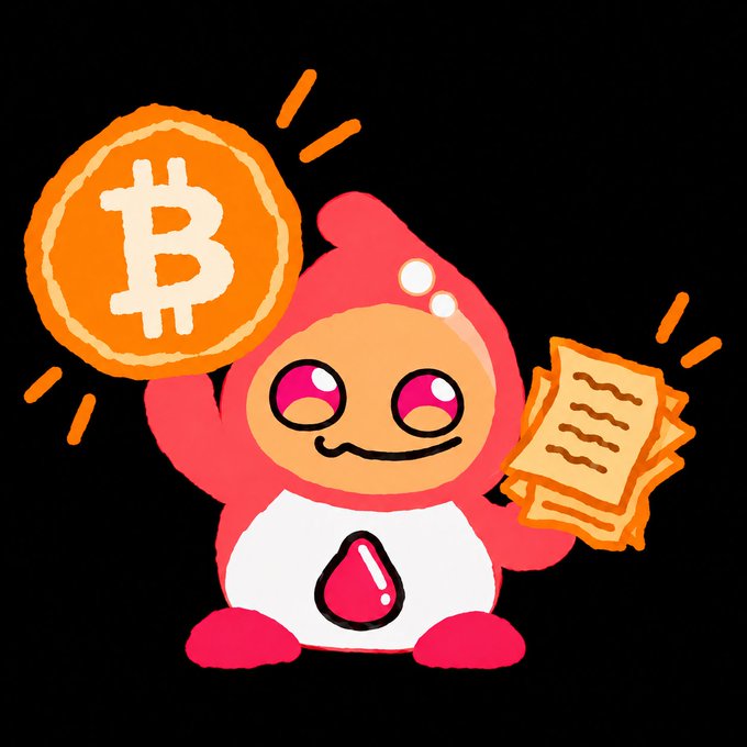 A cartoon character in a red hamster suit holding up a Bitcoin coin in one hand and paper documents in the other against a black background.