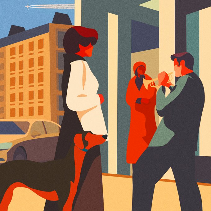 A stylized illustration in red, black, and beige tones depicts a woman with a dog, a figure in a red coat, and a man playing a trumpet on a city street.