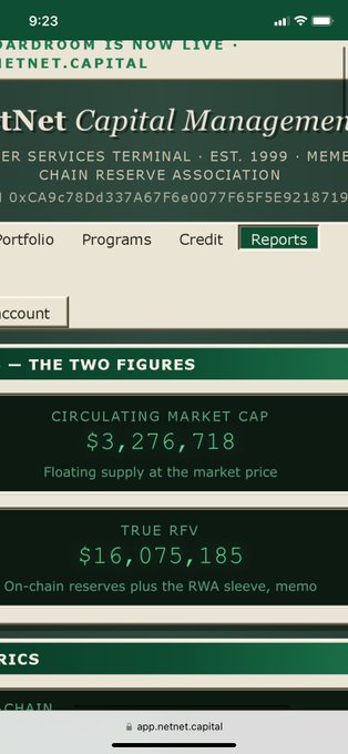 The image displays a mobile screenshot from NetNet Capital Management's website, showing a circulating market cap of $3,276,718 and a "True RFV" of $16,075,185 labeled as on-chain reserves plus the RWA sleeve. This visually confirms the post's celebration of $NETNETCAP reaching a $16 million treasury milestone, with the True RFV figure directly backing the claim that the treasury has hit the $16 million mark.