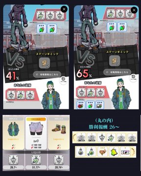 Two side-by-side screenshots from a Pokémon video game showing character stats at 41% and 65% with various items and clothing options displayed.