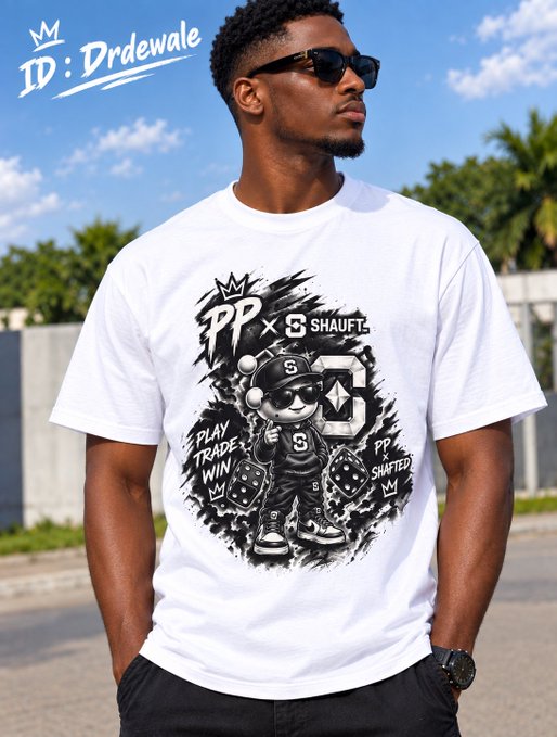 A young man wearing sunglasses and a white graphic t-shirt featuring a cartoon mascot with text 'PP x SHAFT PLAY TRADE WIN PP SHAFTED'; the image is branded with 'ID: Drdewalе' watermark.
