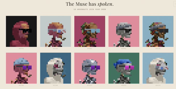 A webpage titled 'The Muse has spoken' showing 10 Argonauts NFT characters joining a crew, arranged in two rows.