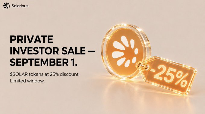 A promotional graphic for Solarious announcing a Private Investor Sale on September 1, offering $SOLAR tokens at a 25% discount, featuring a glowing orange coin token with a "-25%" tag attached against a beige background.