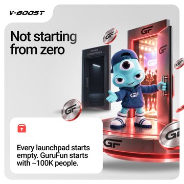 A promotional graphic for GuruFun (GF) features a blue alien mascot emerging from a glowing portal beside a "GuRuFun Launchpad," with the headline "Not starting from zero" and a note highlighting that every launchpad "starts with ∼100K people," visually reinforcing the message that the platform offers meme-token launches to a pre-existing audience rather than from scratch.